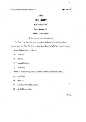 COHSEM Class 12 History Question Papers 2020