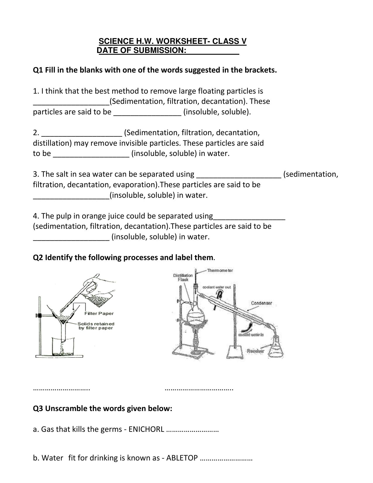Worksheet for Class 5 Science Sedimentation Assignment - Page 1