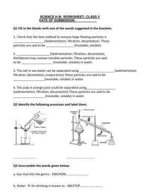 Worksheet for Class 5 Science Sedimentation Assignment