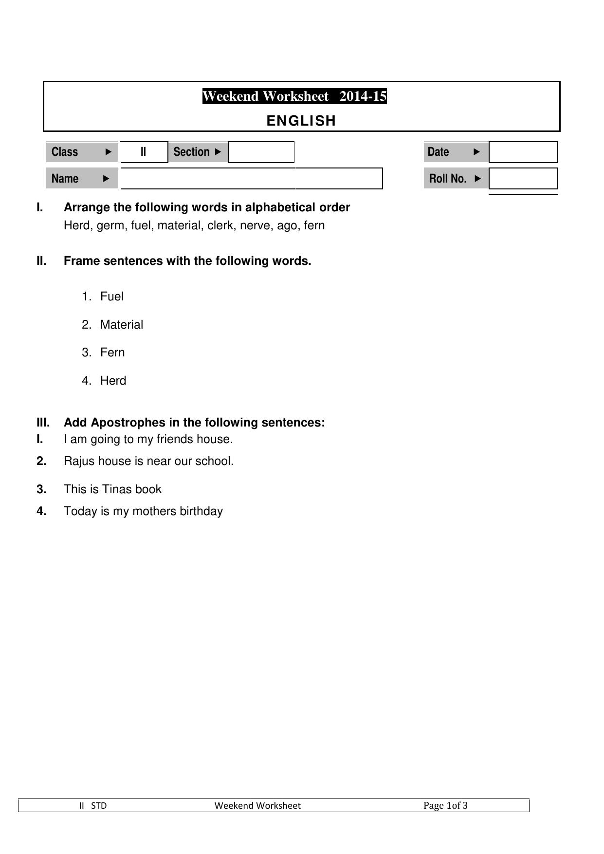 Worksheet for Class 2 English Assignment 110 Revision - Page 1