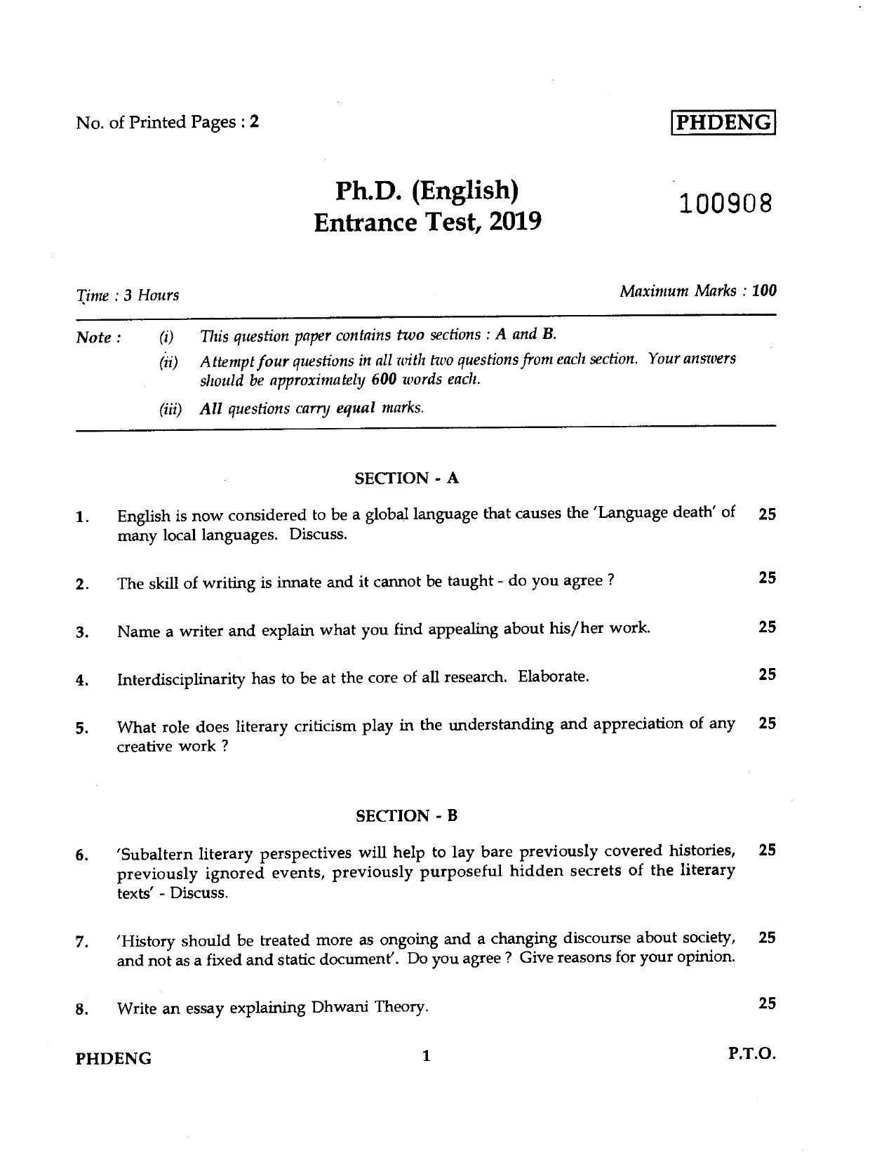IGNOU PhD Entrance Test Ph.D./M.Phil (English) 2019 Question Paper - Page 1