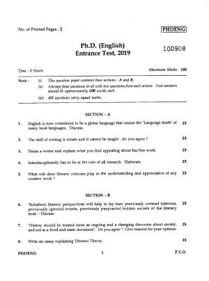 IGNOU PhD Entrance Test Ph.D./M.Phil (English) 2019 Question Paper