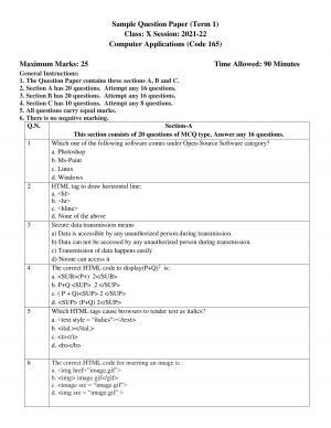 CBSE Class 10 Computer Application Sample Paper 2021-22