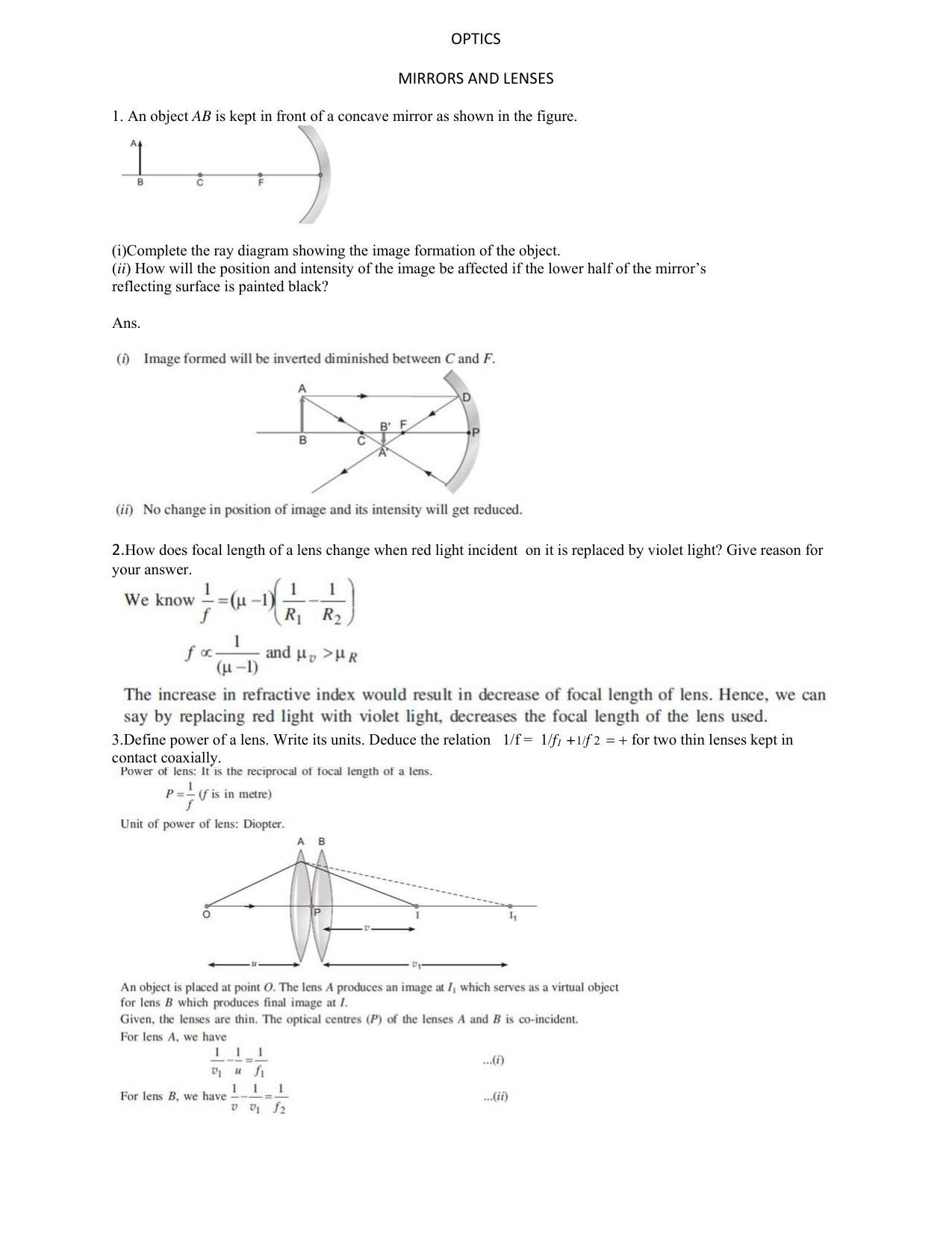 CBSE Class 12 Physics Worksheets for Optics - Page 1