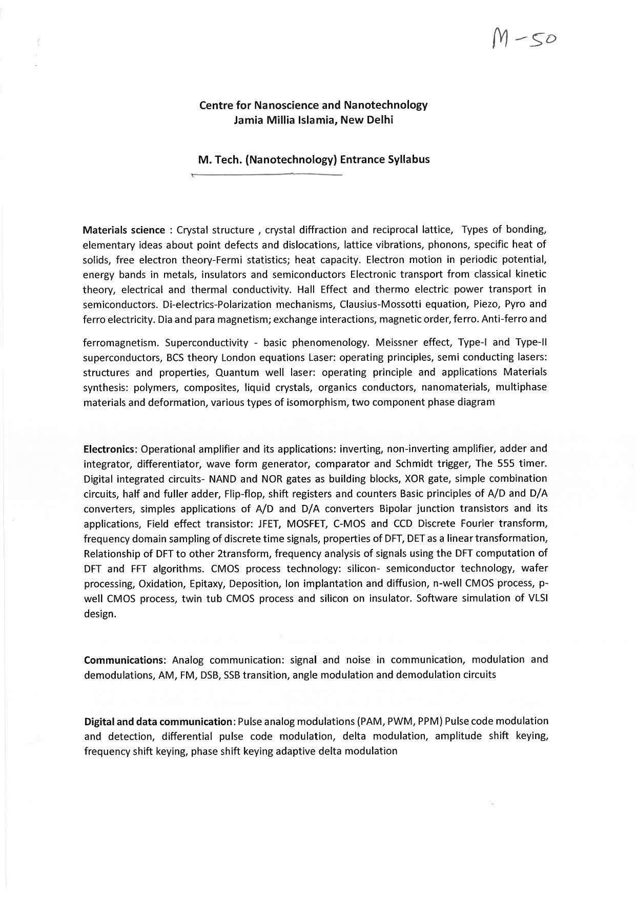 JMI Entrance Exam M50-M.Tech.(Nanotechnology) (Self-Finance) Syllabus - Page 1