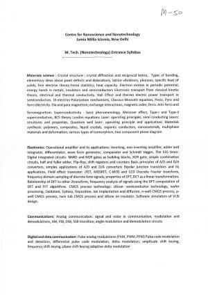 JMI Entrance Exam M50-M.Tech.(Nanotechnology) (Self-Finance) Syllabus