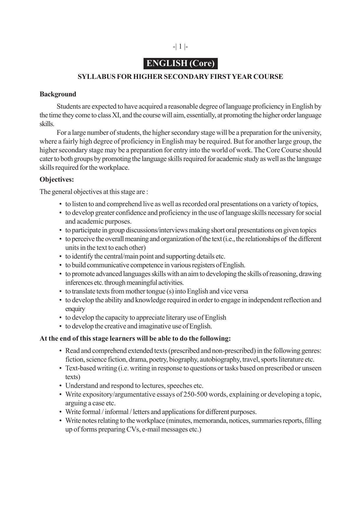 AHSEC 1st Year English-Core Syllabus - Page 1