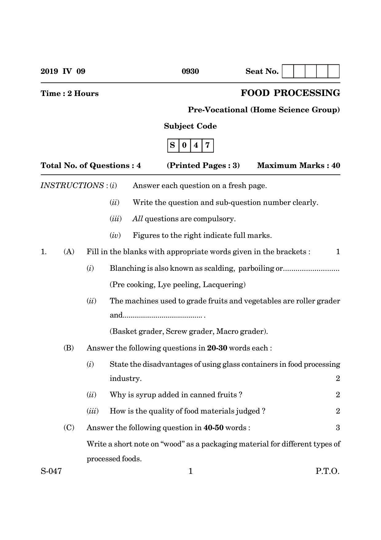 Goa Board Class 10 Food Processing (March 2019) Question Paper - Page 1