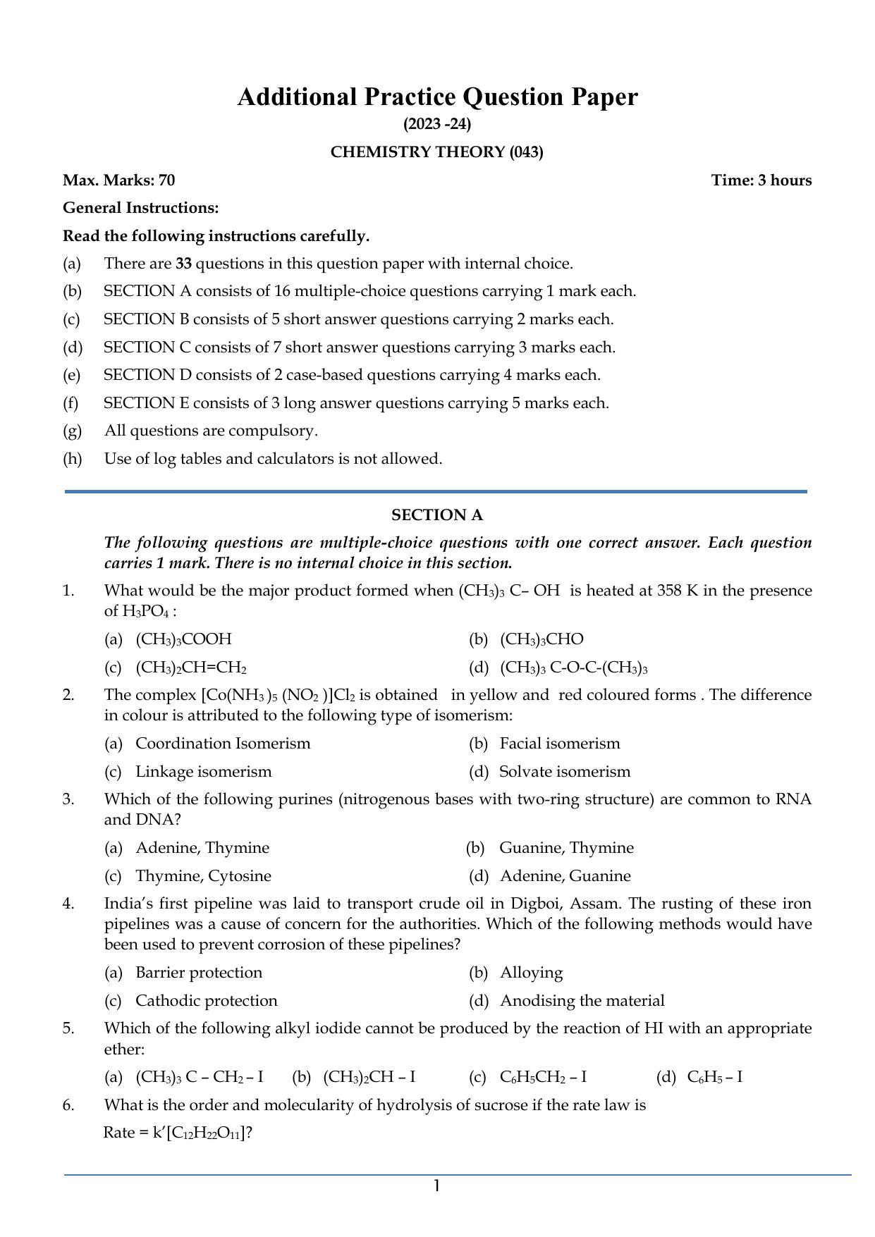 CBSE Class 12 Chemistry SET 2 Practice Questions 2023-24  - Page 1
