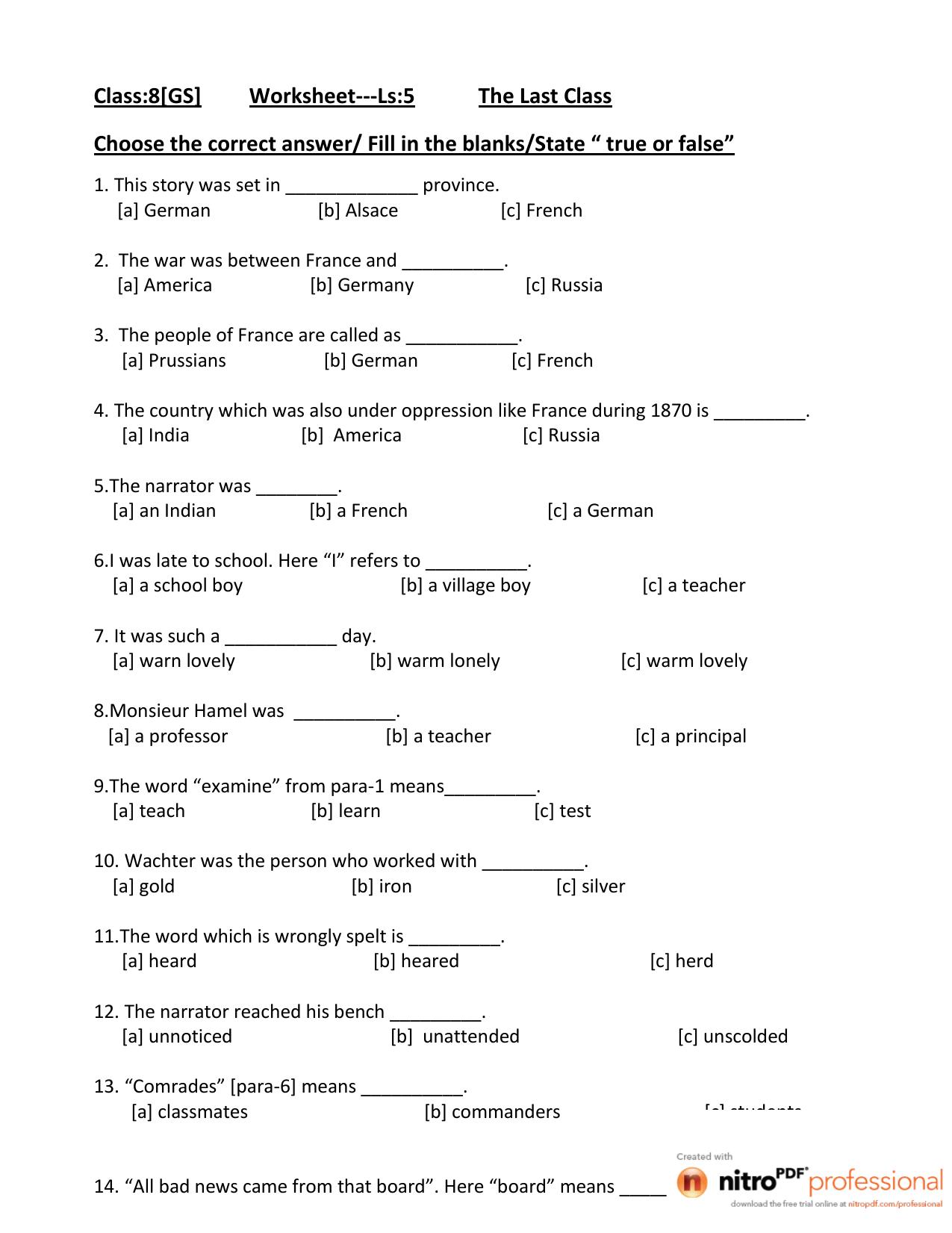 CBSE Class 8 English Worksheet The Last Class Assignment - Page 1