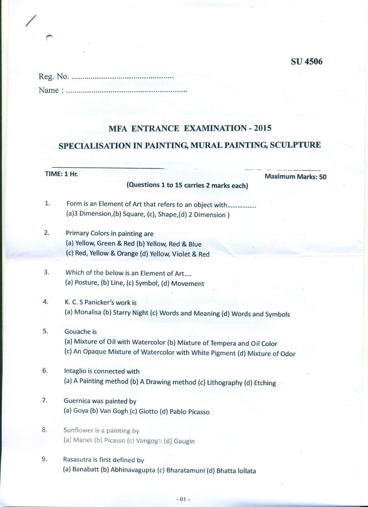 SSUS Entrance Exam M.F.A  SPECIALISATION  IN PAINTING ,MURAL PAINTING ,SCULPTURE 2015 Question Paper - Page 1