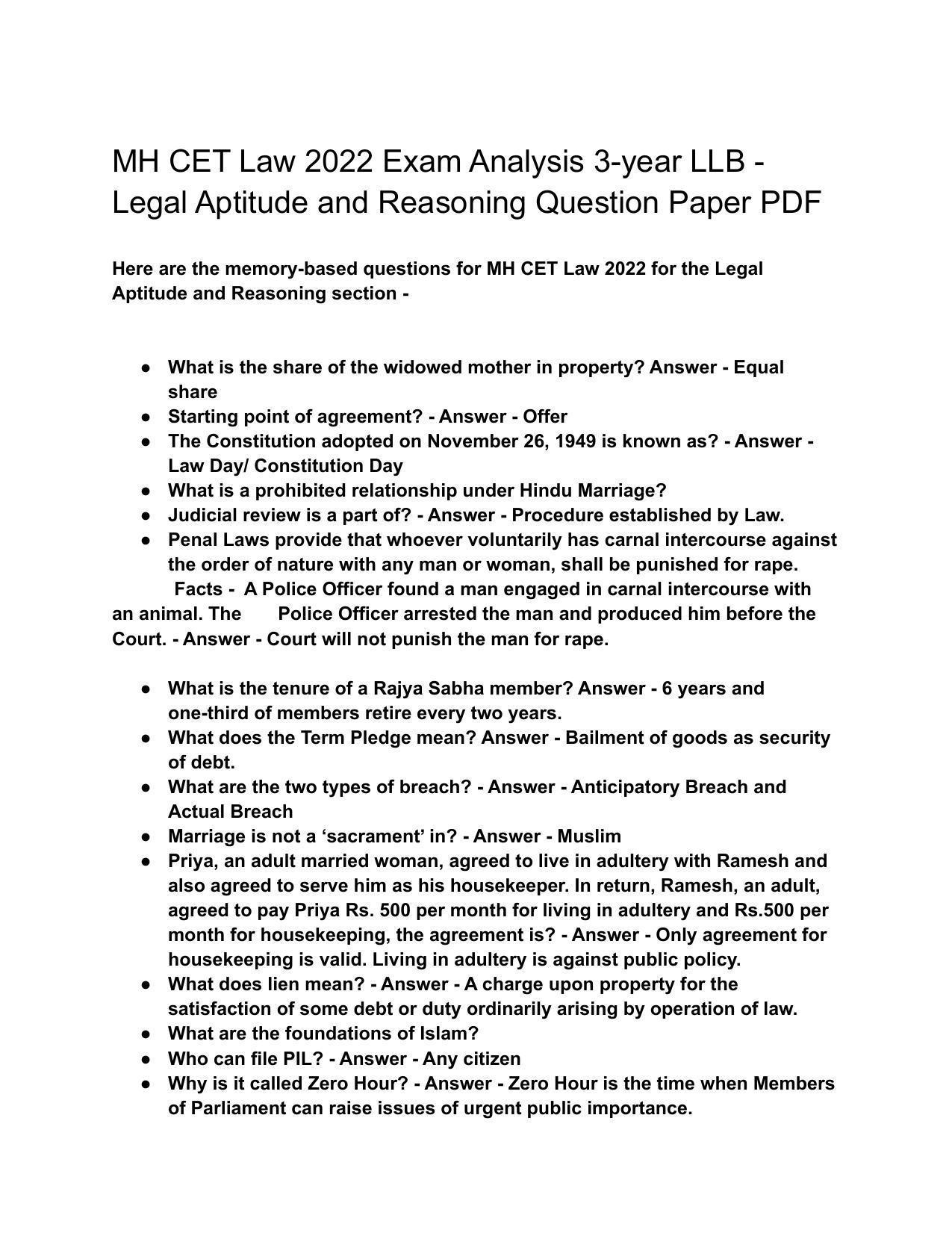 MH CET Law 2022 Question Paper for 3-year Legal Aptitude and Reasoning - Page 1