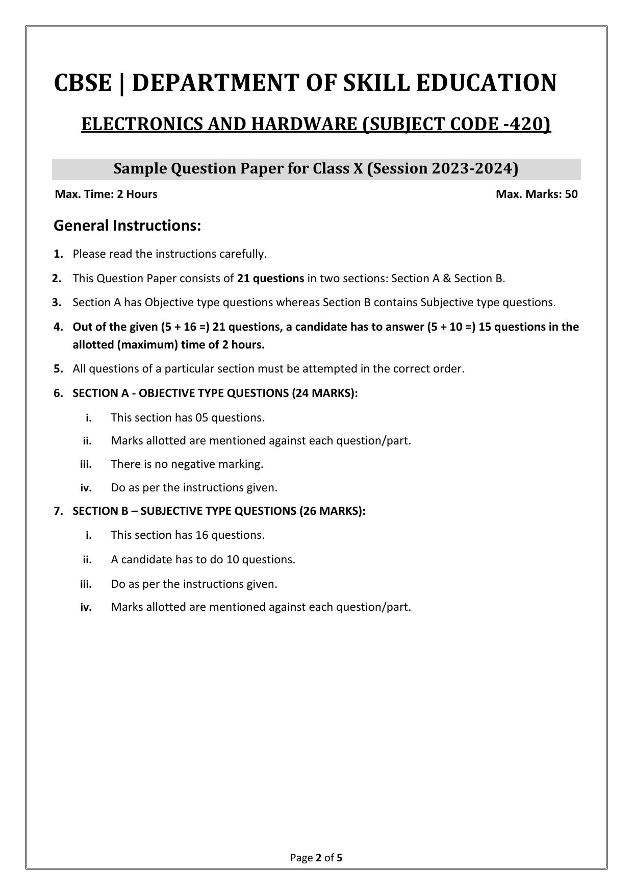 CBSE Class 10 (Skill Education) Electronics Technology 2024 Sample Paper - Page 2