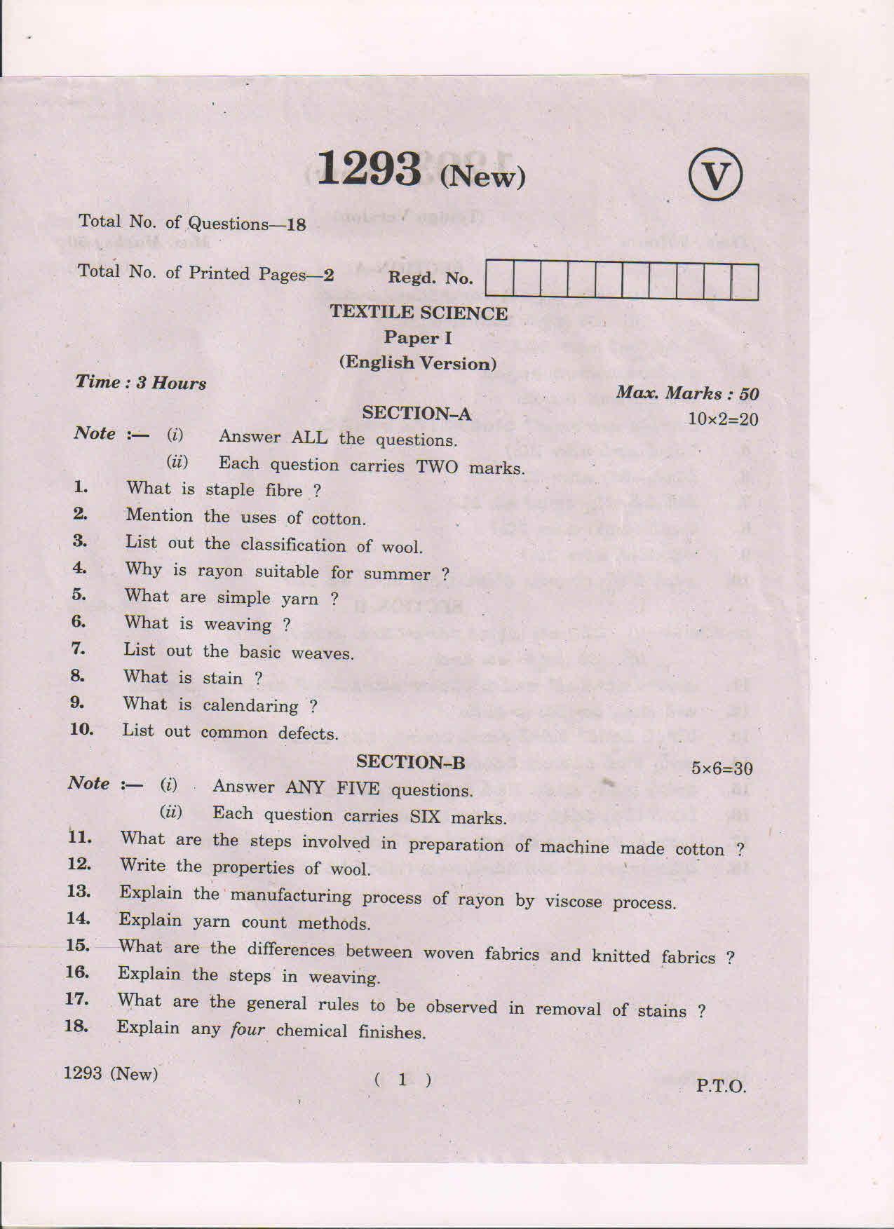 AP Inter 1st Year Textile Science-I (New) March-2019-Vocational Question Paper - Page 1
