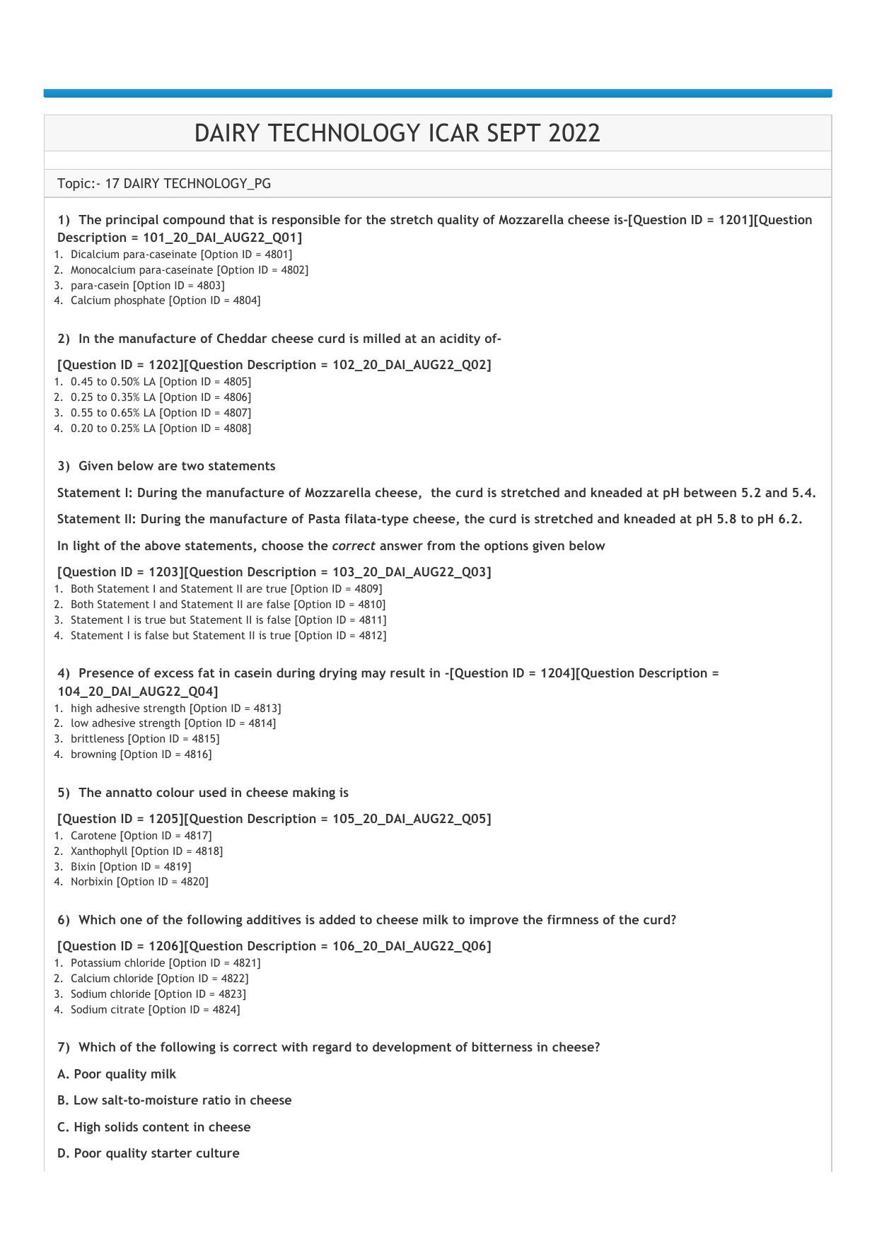 ICAR AIEEA PG 2022 DAIRY TECHNOLOGY Question Paper - Page 1