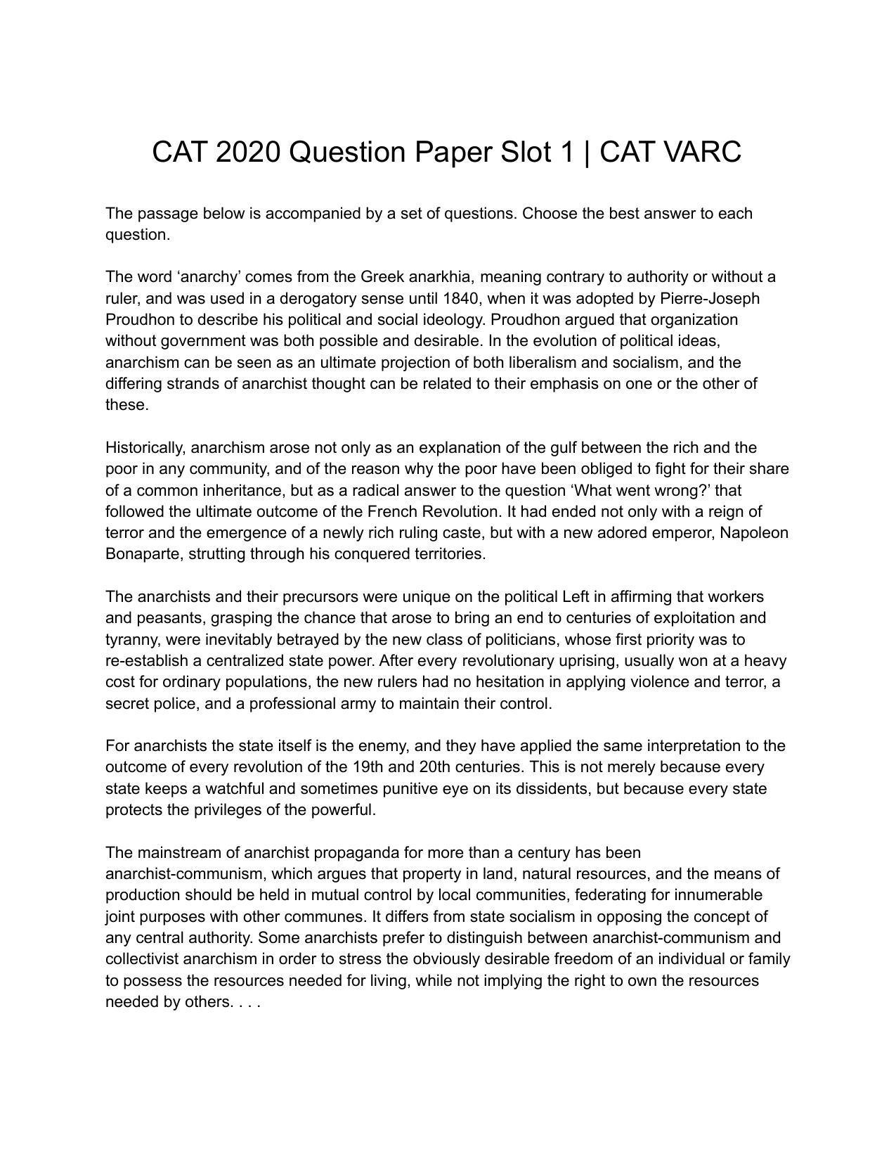 CAT 2020 CAT VARC Slot 1 Question Paper - Page 1