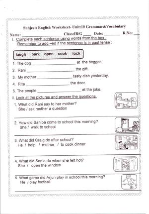 Worksheet for Class 1 English Assignment 30 Grammer and Vocabulary