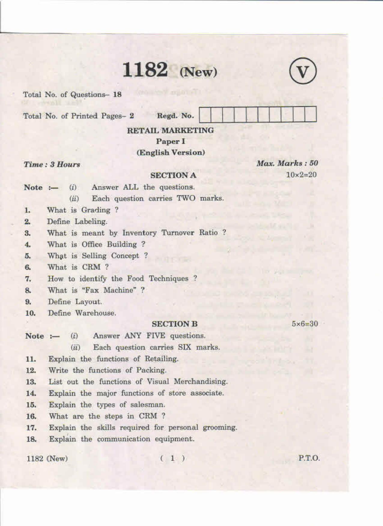 AP Inter 1st Year Retail Marketing-I (New) May-2019-Vocational Question Paper - Page 1