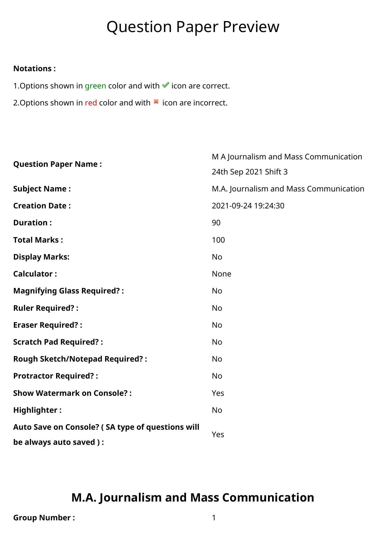 TS CPGET 2021 M.A. Journalism and Mass Communication  (Shift 3) Question Paper with Answer Key - Page 1
