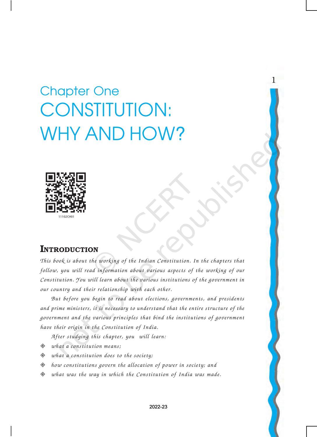 NCERT Book for Class 11 Political Science (Indian Constitution at Work) Chapter 1 Constitution: Why and How? - Page 1
