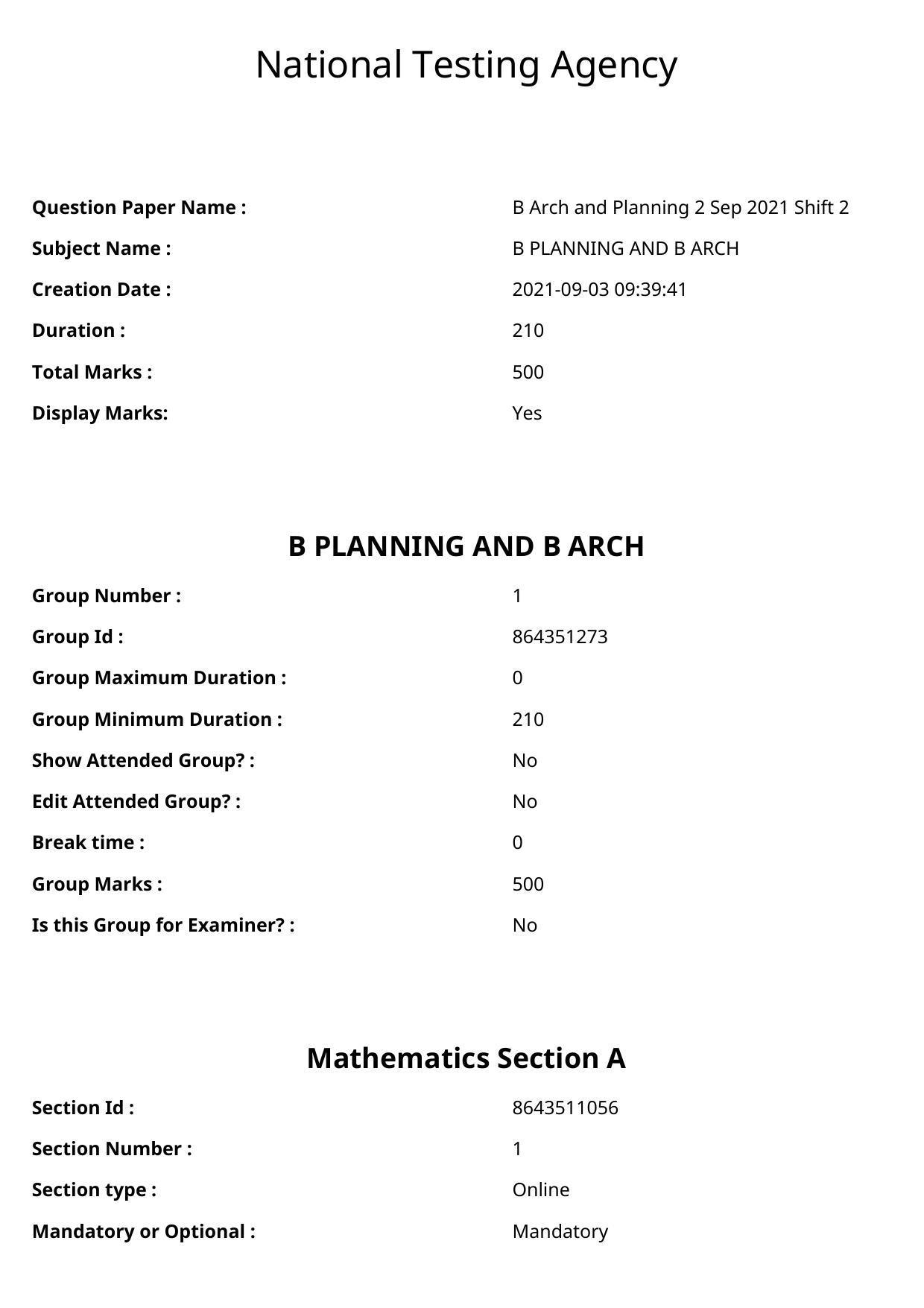 JEE Mains 2021: B Arch & B Planning English (Shift 2) 02-09-2021 Question Paper - Page 1