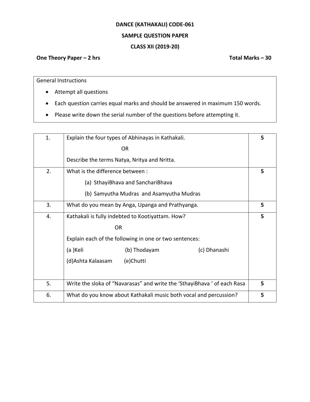 CBSE Class 12 Kathakali -Sample Paper 2019-20 - Page 1