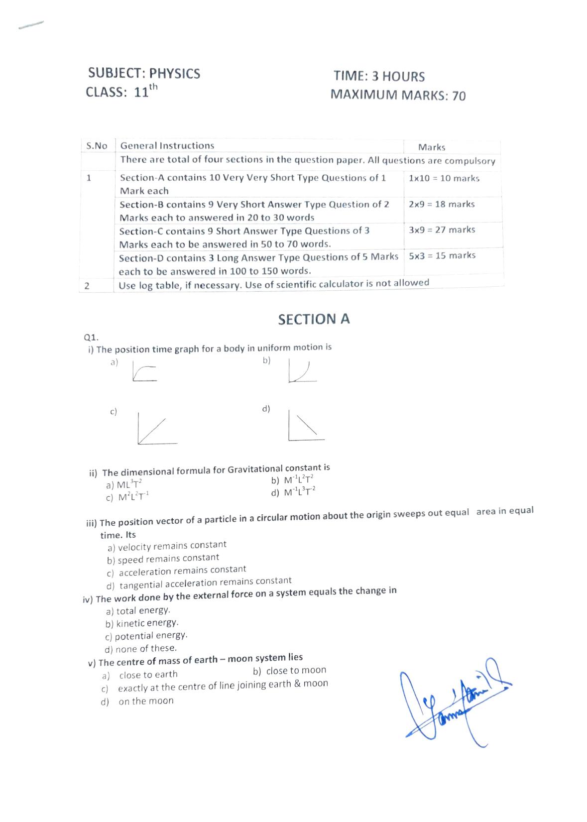 JKBOSE Class 11 Physics Model Question Paper - Page 1