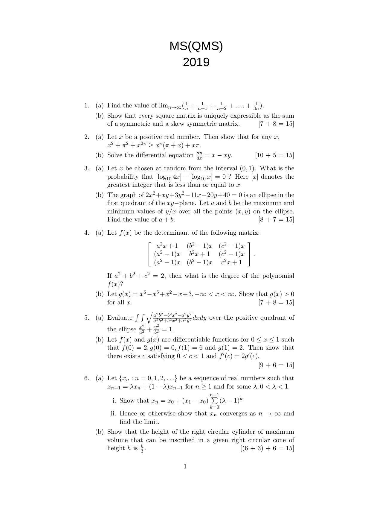 ISI Admission Test M.S.(QMS) QMB 2019 Sample Paper - Page 1