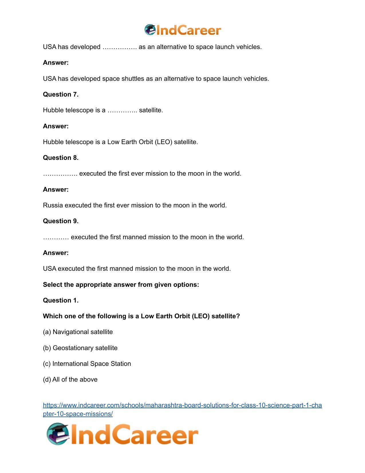 Maharashtra Board Solutions for Class 10- Science (Part 1): Chapter 10- Space Missions - Page 21