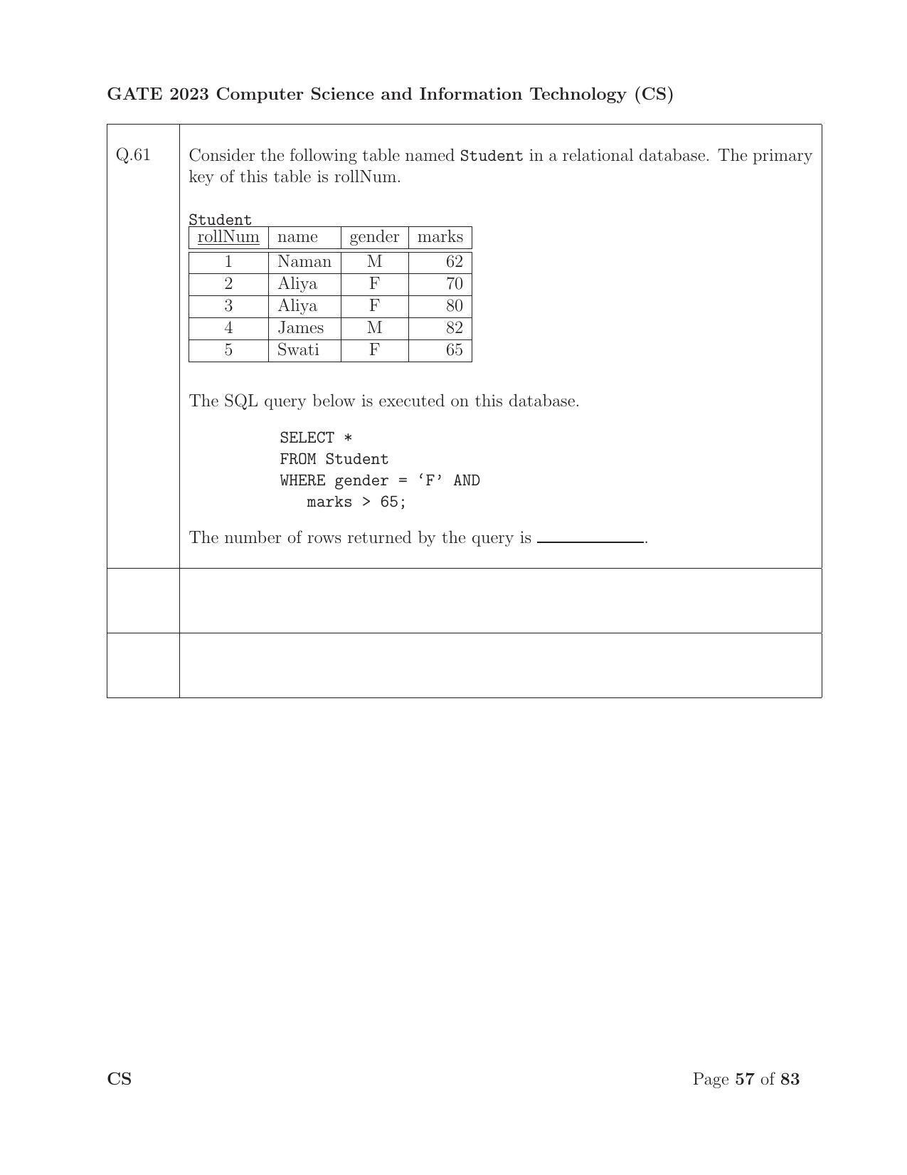 GATE 2023 Computer Science and Information Technology (CS) Question Paper - Page 64