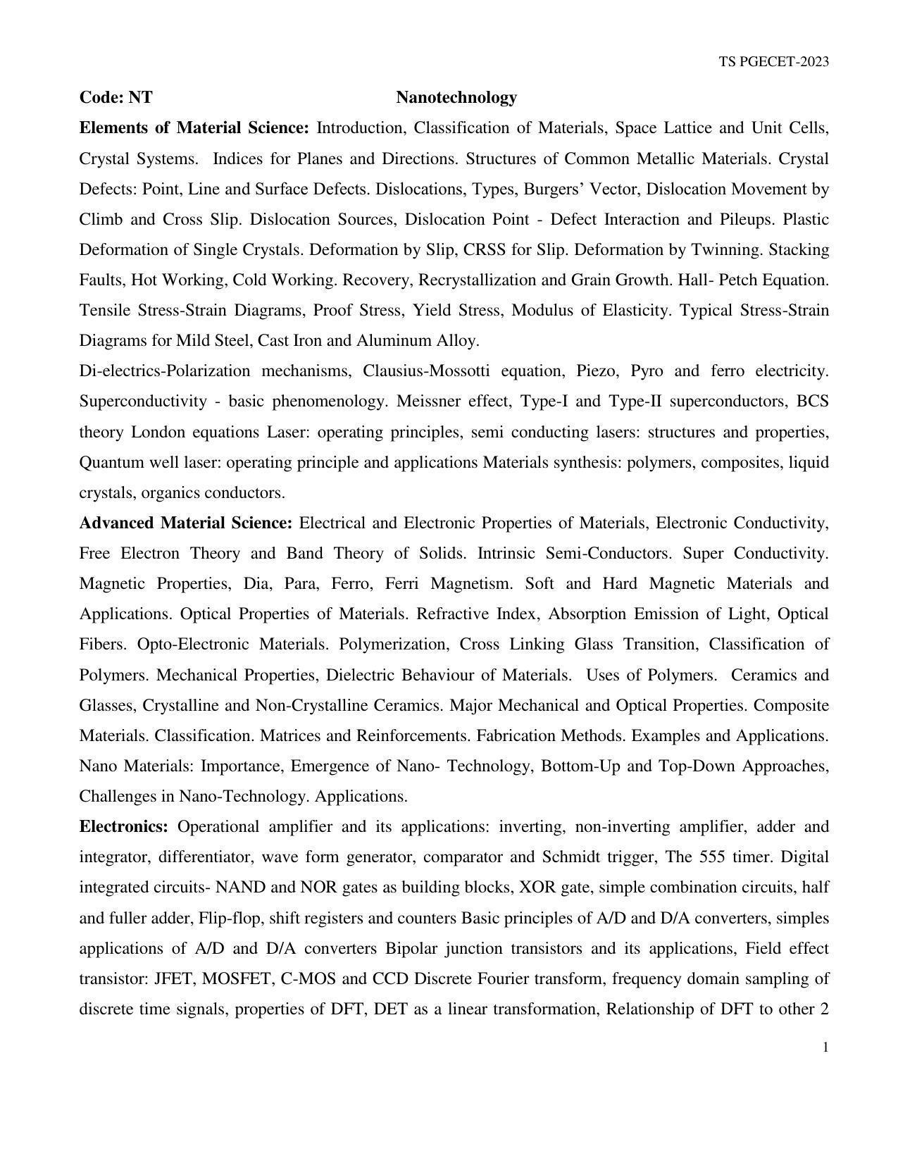 TS PGECET Nano Technology Syllabus - Page 1