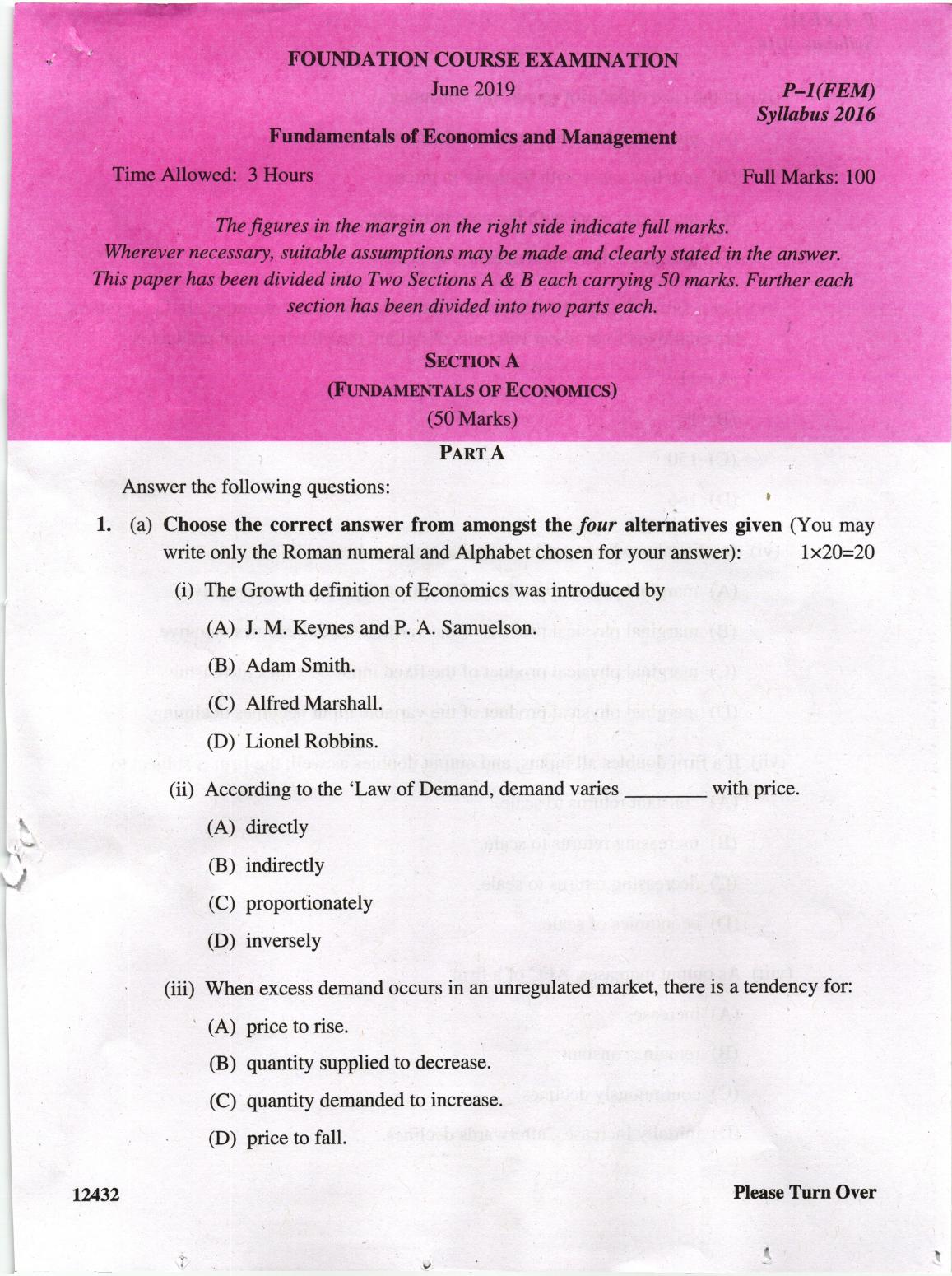 ICMAI June 2019 Fundamentals of Economics and Management Question Paper - Page 1