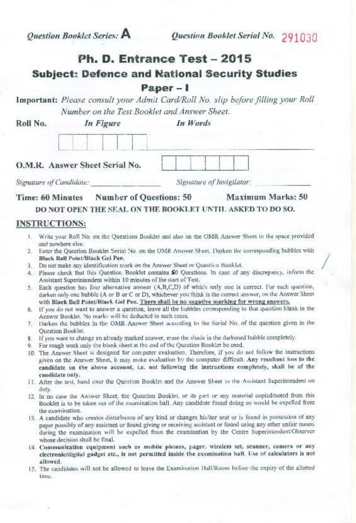 PU MPET Defence and National Security 2015 Question Paper - Page 1