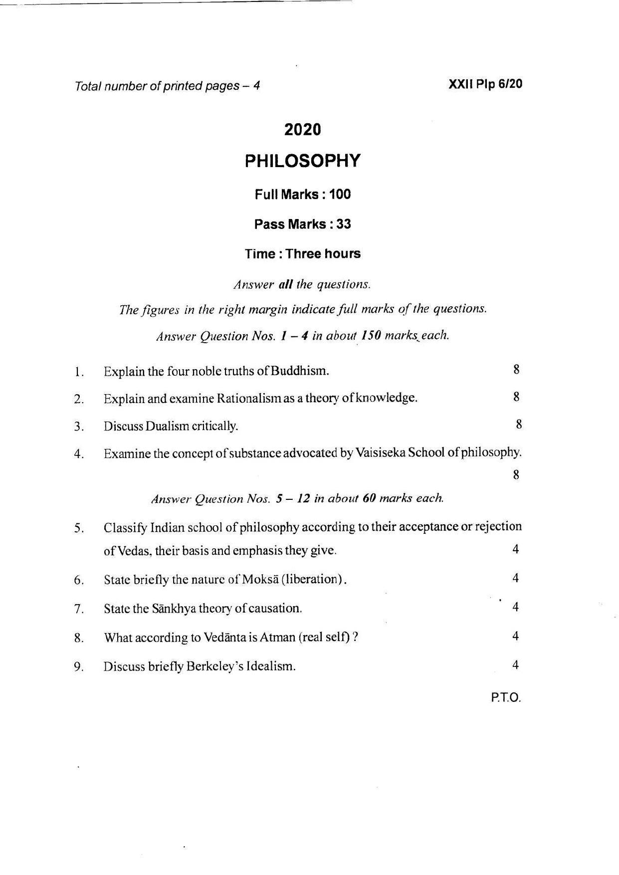 COHSEM Class 12 Philosophy Question Papers 2020 - Page 1