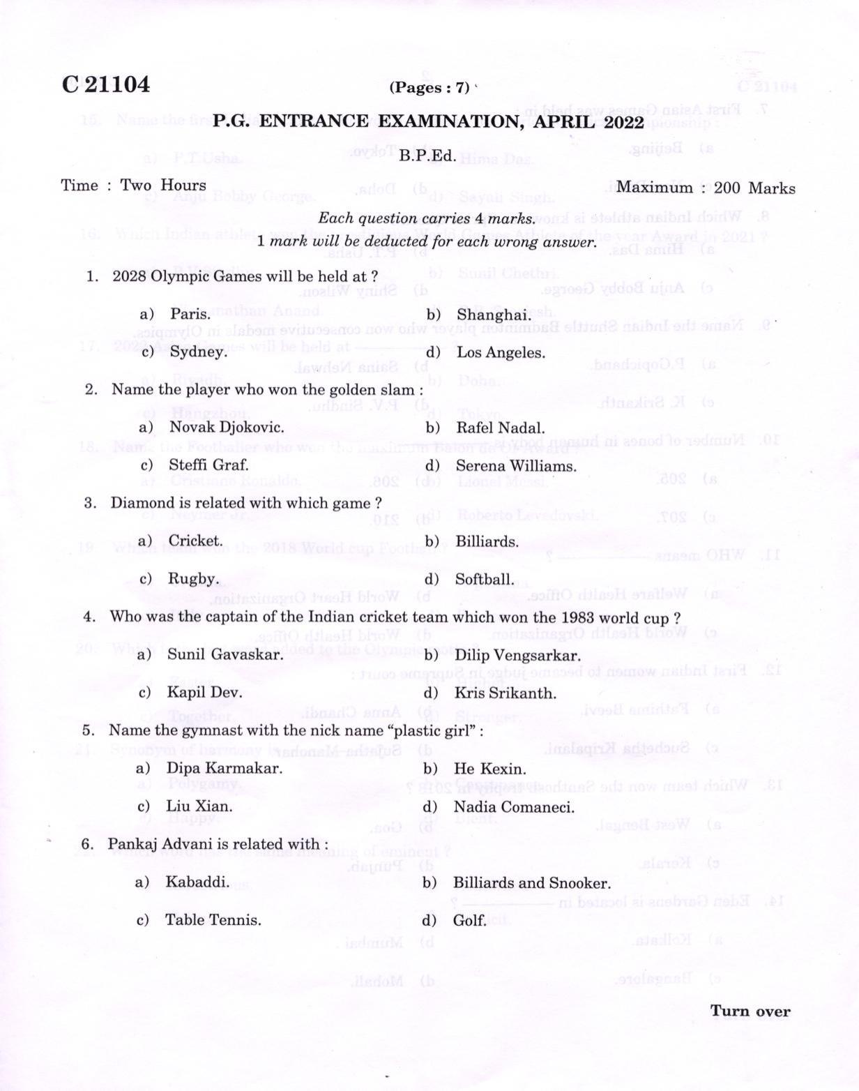 CUCAT 2022 B.P.Ed Question Paper - Page 1