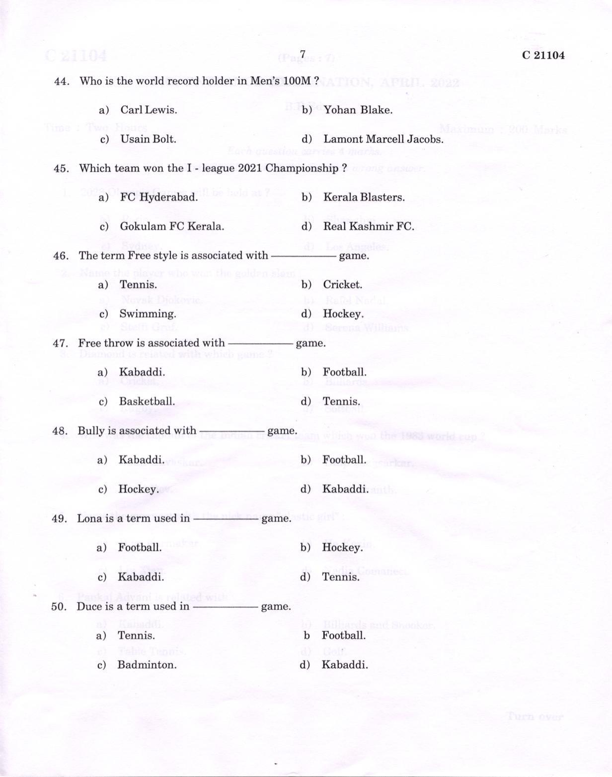 CUCAT 2022 B.P.Ed Question Paper - Page 7