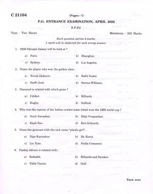 CUCAT 2022 B.P.Ed Question Paper