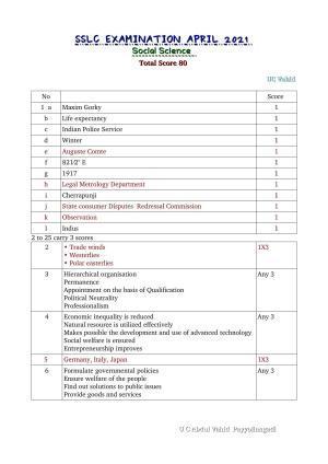 Kerala SSLC 2021 Social Science Answer Key (EM)