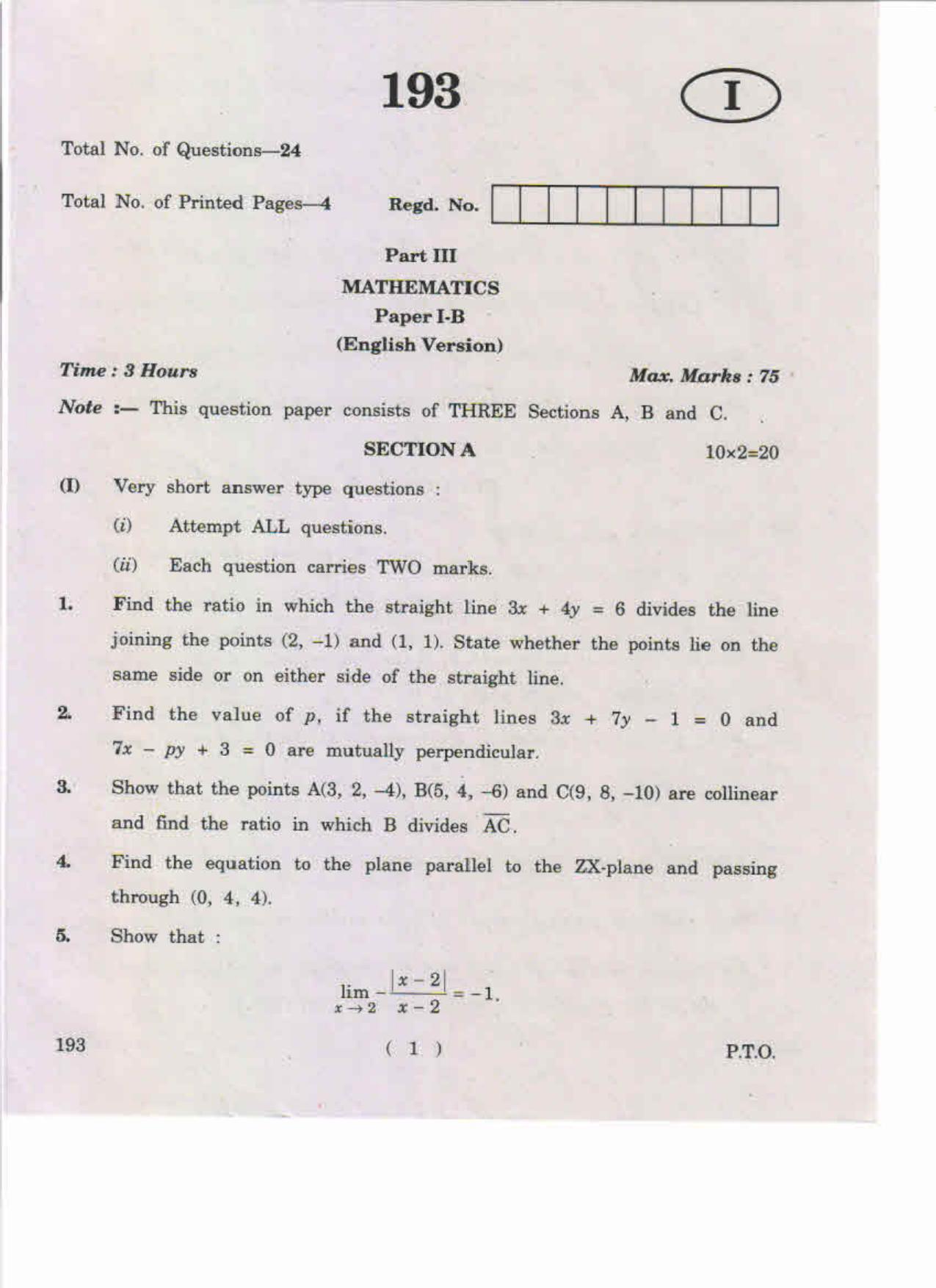 AP Inter 1st Year Mathematics-IB (EM) May-2019-General Question Paper - Page 1