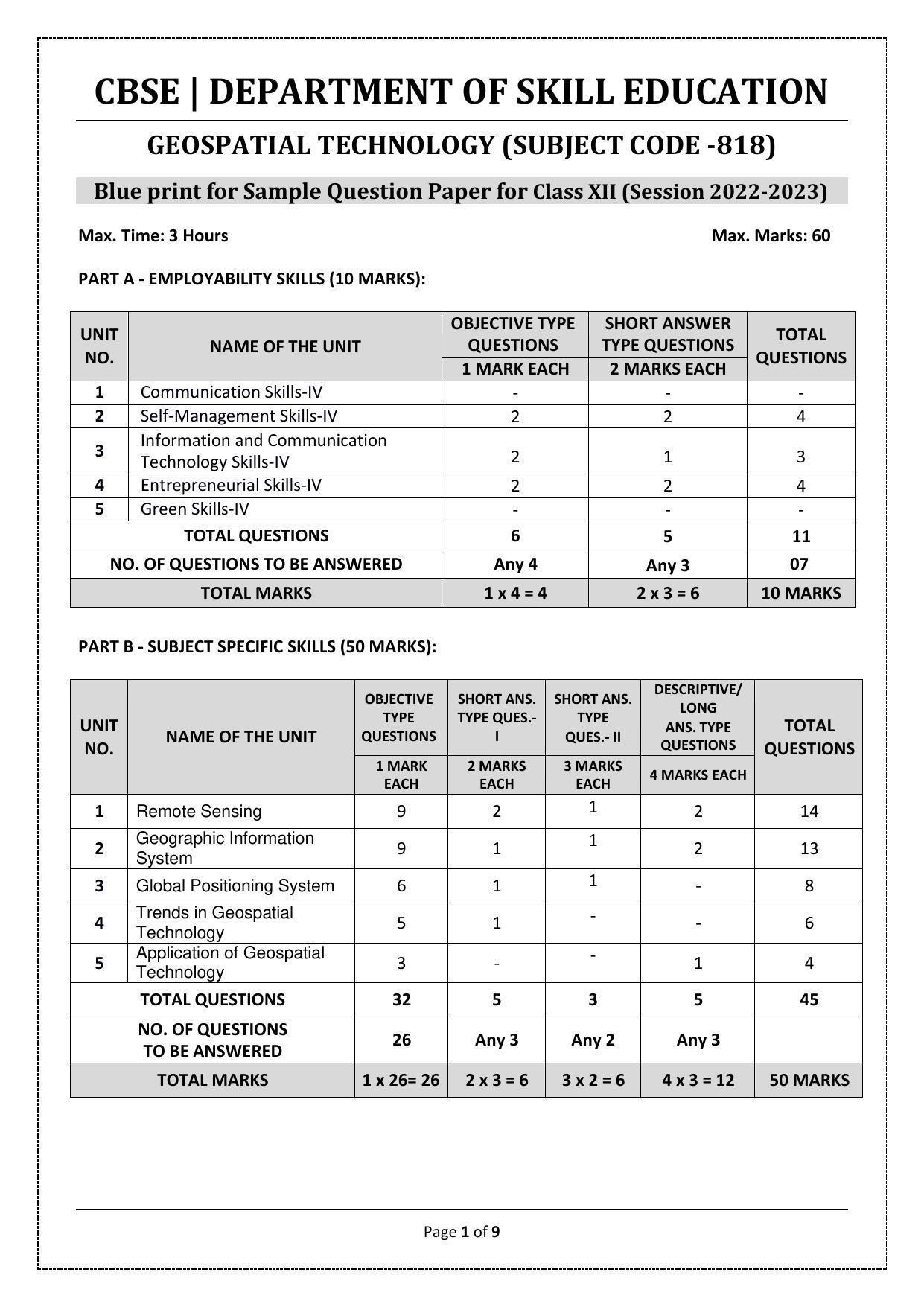 CBSE Class 10 Geospatial Technology (Skill Education) Sample Papers 2023 - Page 1