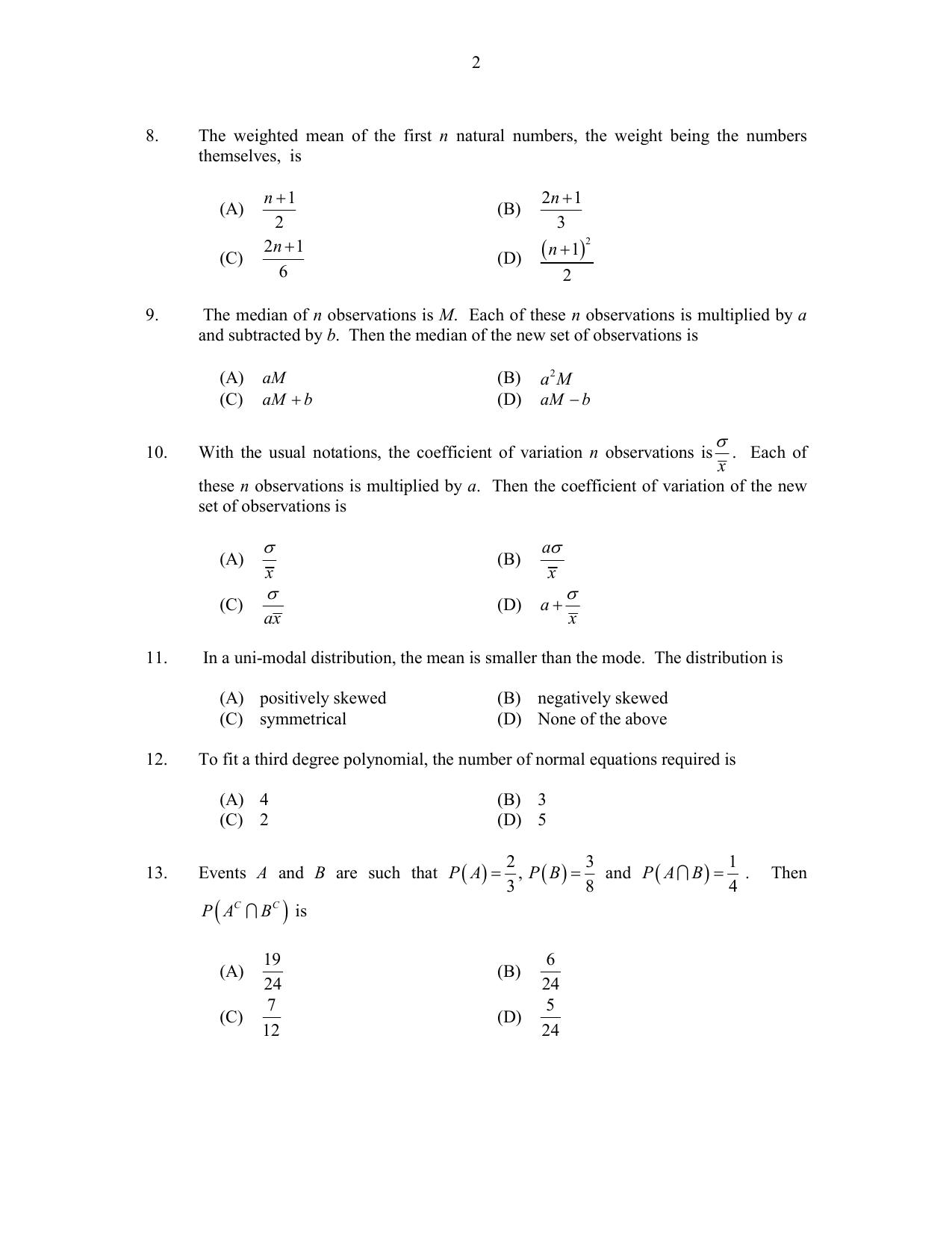 CUSAT CAT 2017 Statistics Question Paper - Page 2