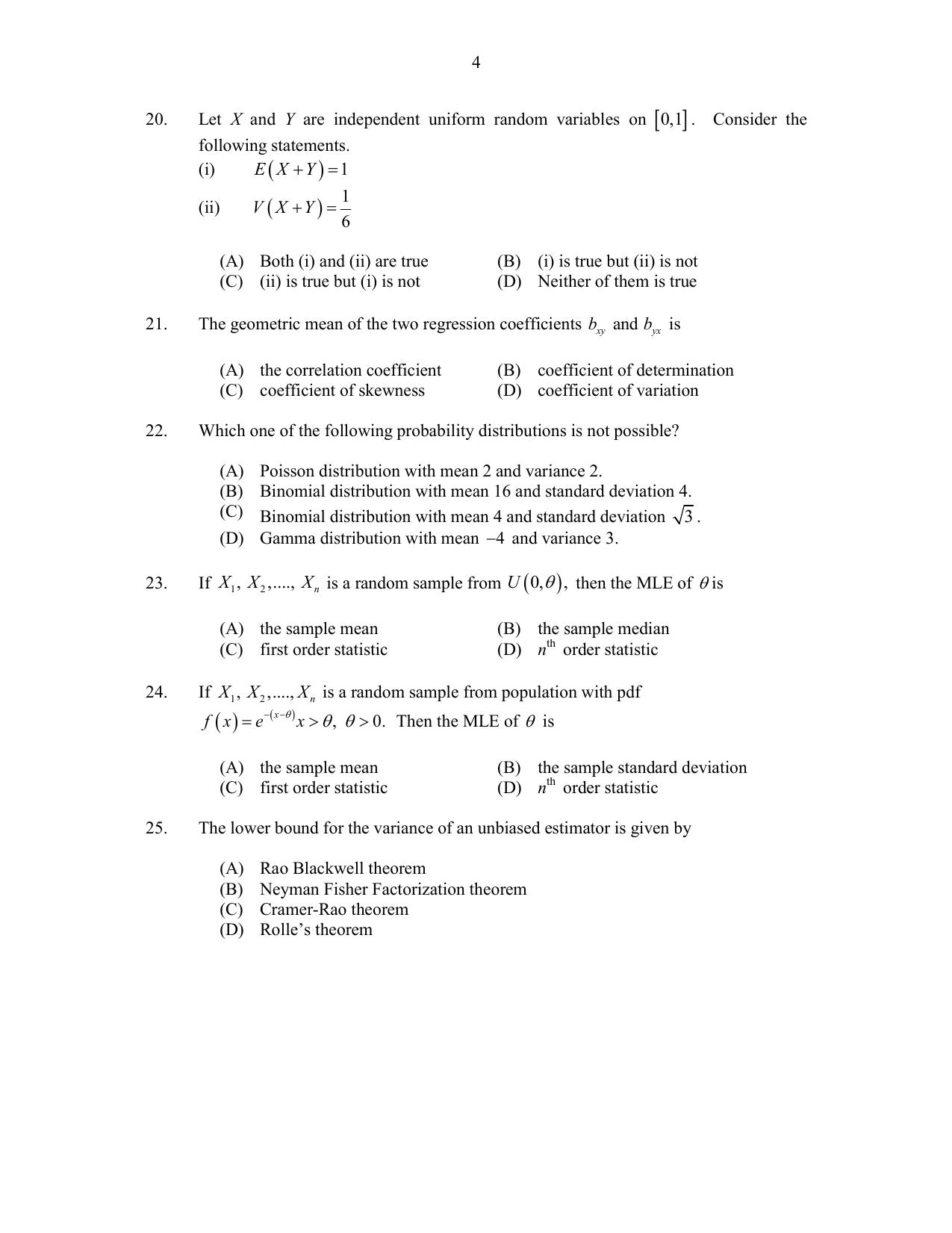CUSAT CAT 2017 Statistics Question Paper - Page 4