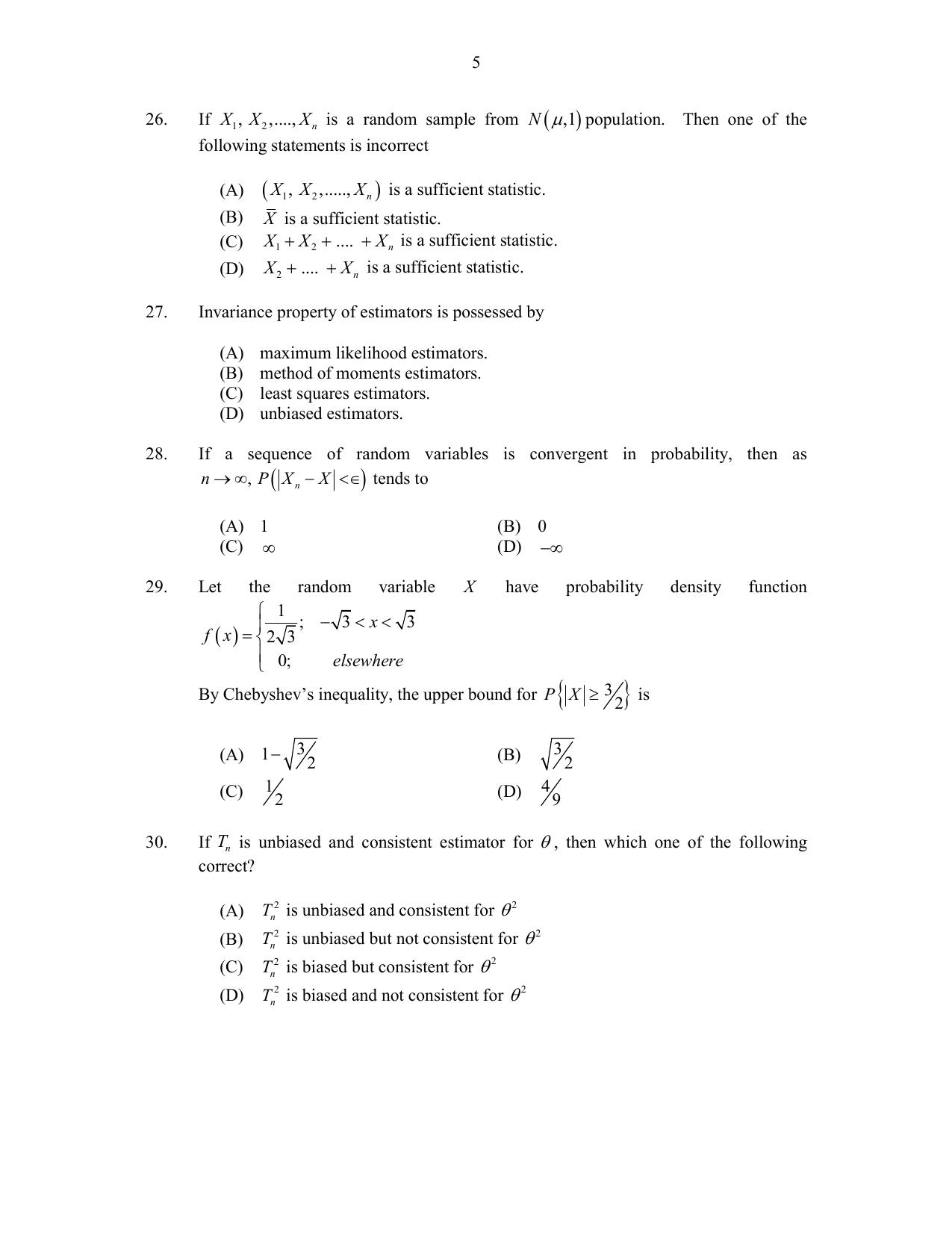 CUSAT CAT 2017 Statistics Question Paper - Page 5