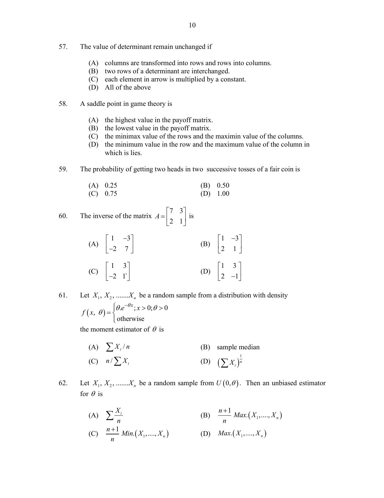 CUSAT CAT 2017 Statistics Question Paper - Page 10