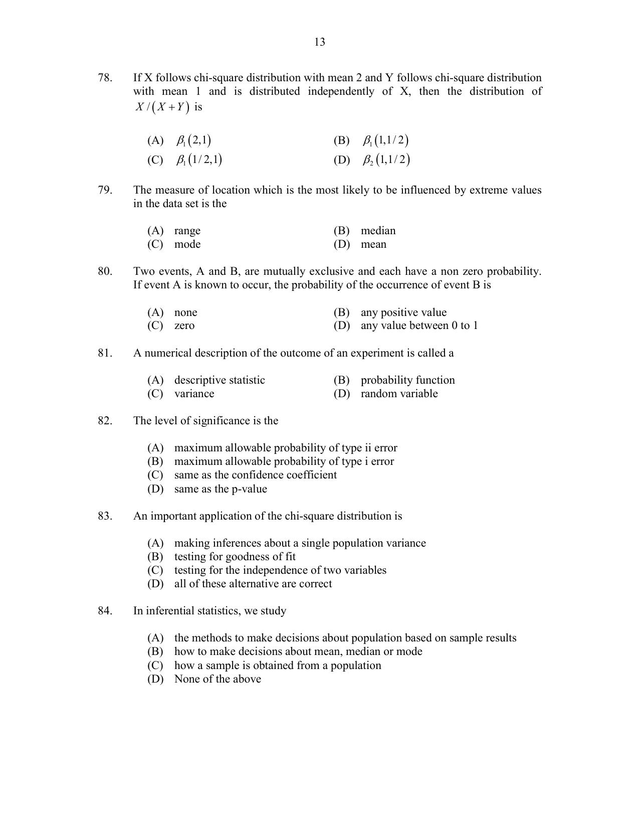 CUSAT CAT 2017 Statistics Question Paper - Page 13