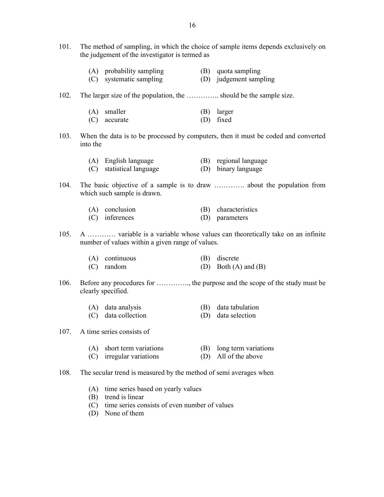 CUSAT CAT 2017 Statistics Question Paper - Page 16