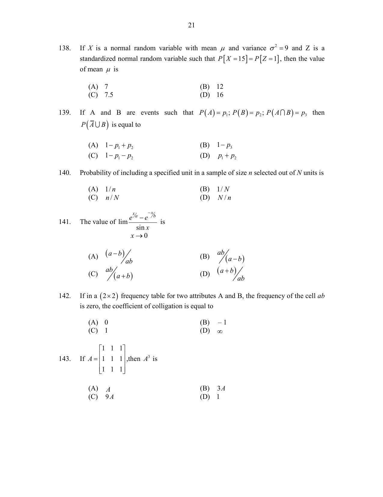 CUSAT CAT 2017 Statistics Question Paper - Page 21