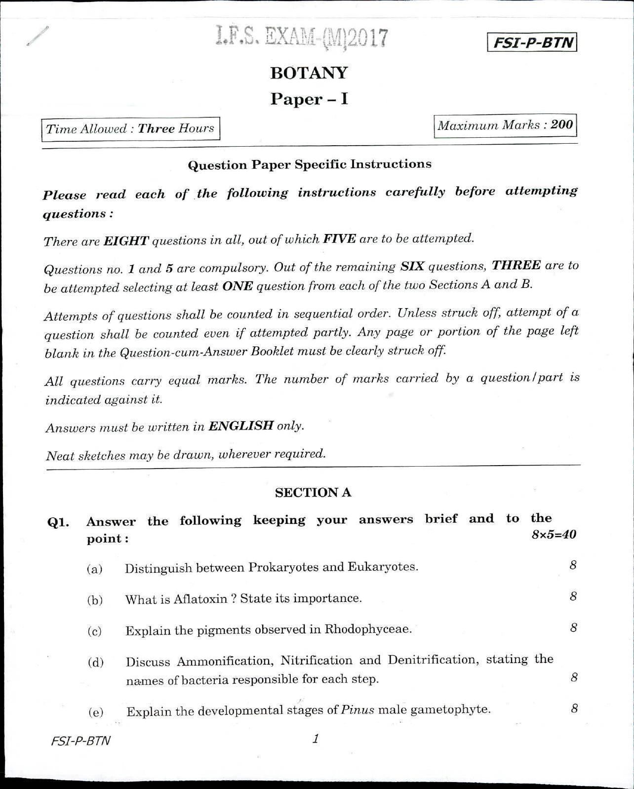SGRDUHS 2017 B.Sc Nursing Botany IFS Question Papers - Page 1
