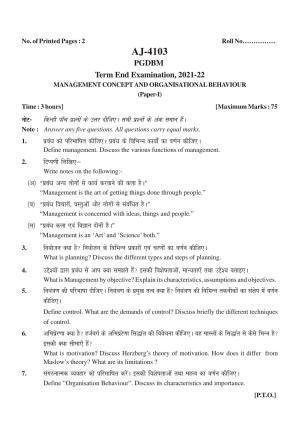 Bilaspur University Question Paper 2021-2022:P.G. Diploma In Bussiness Management Management Concepta And Organisational Behaviour Paper 1