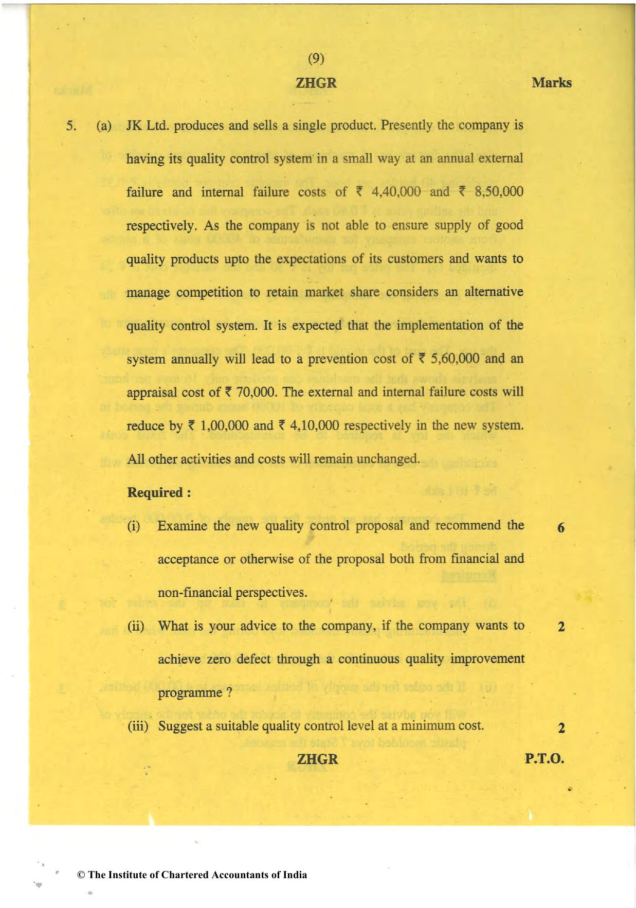CA Final May 2018 Question Paper - Paper 5 – Strategic Cost Management and Performance Evaluation - Page 9
